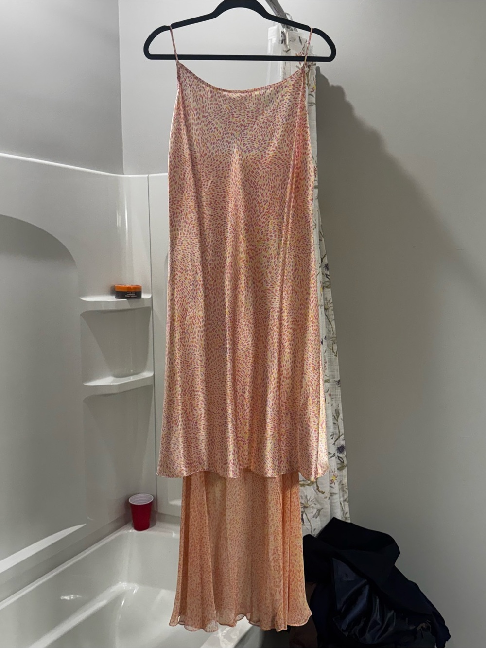 Talbots NWT 100% Pure Silk Slip Dress Size 14 Abstract Pastel Pink Maxi Layered